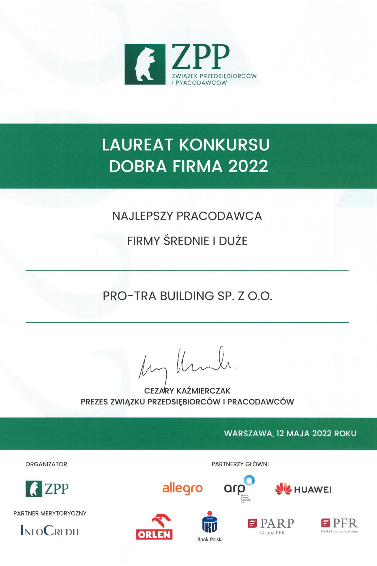 PRO-TRA BUILDING Najlepszy Pracodawca 2022